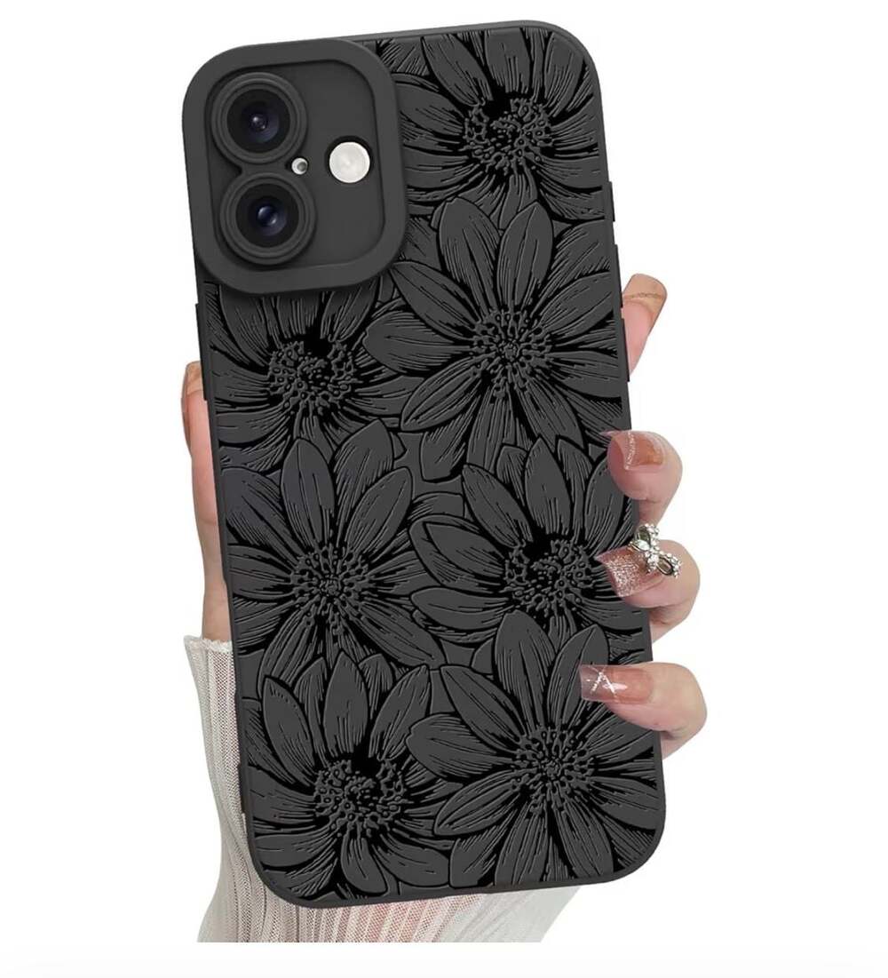MZELQ Matte Black Silicone Case with Pressed Sunflower Floral Pattern for iPhone
